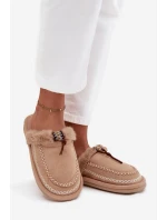 Dámské chlupaté papuče s kožíškem a výšivkou – béžové Perivelle