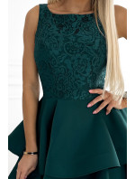 LAURA - Lahvově zelené dvojitě rozšířené dámské šaty s krajkovou vrchní částí 205-4