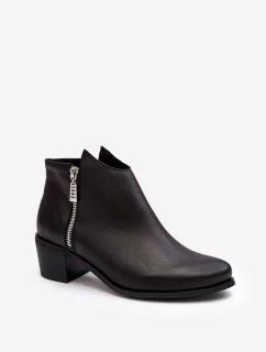 Kožené dámské kotníčkové boty na sloupku s nízkým svrškem a zipy černé Annaja