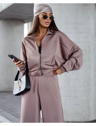 Dámský komplet v barvě cappuccino - mikina se stojáčkem a široké kalhoty (821109)