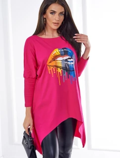 Oversize halenka s duhovým potiskem rtů fuchsiová