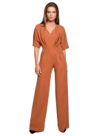 S285 Kombinéza s výstřihem do V a širokými nohavicemi - černá