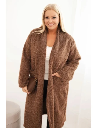 Dámský kabát Plus Size z viskózy bez zapínání s kapsami hnědý Dámský kabát Plus Size z viskózy bez zapínání s kapsami hnědý