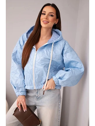 Dámská prošívaná bunda s kapucí a ozdobným květinovým ražením modrá