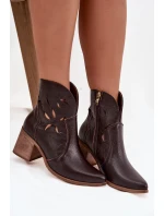 Dámské holeňky s otvory z přírodní kůže na podpatku Zazoo 3690 čokoládové