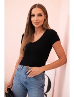 Dámská pruhovaná blůza s véčkovým výstřihem a krátkým rukávem černá