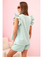 Dámský komplet s volánem – halenka s krátkým rukávem a šortky s gumičkou tmavá máta Dámský komplet s volánem – halenka s krátkým rukávem a šortky s gumičkou tmavá máta