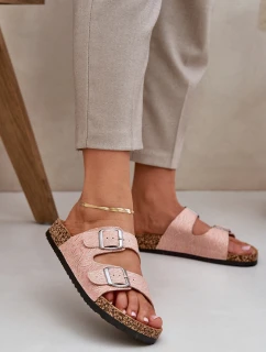 Textilové pantofle na korkové podrážce s přezkami růžové Atera