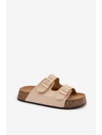 Dámské pantofle na korkové platformě se zlatými sponami světle béžové Tovessa