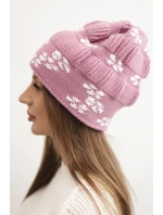 Dámská zimní pletená čepice se vzorem sněhových vloček K463 tmavě růžová