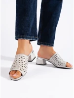 Luxusní dámské  nazouváky stříbrné na širokém podpatku