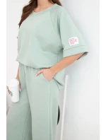 Dámský komplet z viskózy mikina a široké kalhoty máslový tmavě mentolový