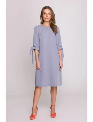 S393 Šaty áčkového střihu s vázacími rukávy - holubičí šedá