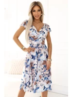 425-13 MATILDE Dámské šaty s výstřihem a krátkými rukávy - béžové a modré květy 425-13 MATILDE Dámské šaty s výstřihem a krátkými rukávy - béžové a modré květy