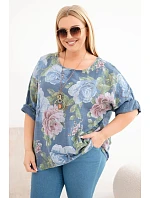 Dámská bavlněná blůzka Plus Size s krátkým rukávem a květinovým vzorem džínová Dámská bavlněná blůzka Plus Size s krátkým rukávem a květinovým vzorem džínová
