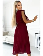 469-1 Plisované šaty s volánky, výstřihem a páskem - BURGUND