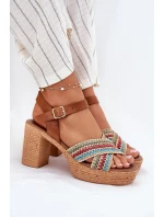 Kožené Sandály Na Podpatku S Pletením Na Páscích Hnědé Zazoo 40460