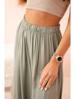 Široké dámské kalhoty z viskózy s elastickým pasem khaki Široké dámské kalhoty z viskózy s elastickým pasem khaki