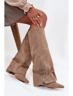 Dámské nazouvací kozačky na podpatku s ozdobným páskem Béžové Jolivine