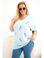 Dámská bavlněná halenka Plus Size s peříčky modrá