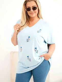 Dámská bavlněná halenka Plus Size s peříčky modrá