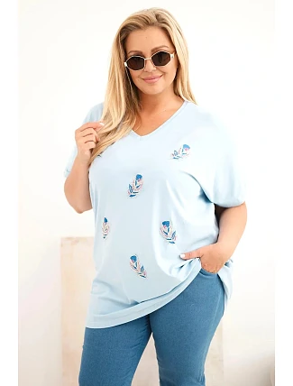 Dámská bavlněná halenka Plus Size s peříčky modrá