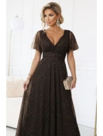 635-4 MELANIA dlouhé lesklé šaty s výstřihem a krátkými rukávy - čokoládové 635-4 MELANIA dlouhé lesklé šaty s výstřihem a krátkými rukávy - čokoládové