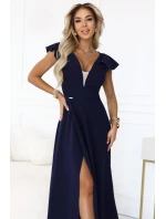 660-1 Elegantní maxi šaty s volánky, hlubokým výstřihem a rozparkem na nohou - tmavě modré