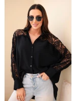 Dámská viskózová košile s krajkovými rukávy a límečkem černá