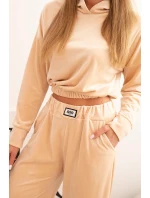 Dámská souprava z veluru se širokými nohavicemi a mikinou s kapucí béžová