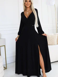 572-2 NELA lesklé dlouhé šaty s výstřihem a dlouhými rukávy - ČERNÉ
