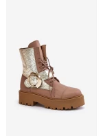 Zazoo 2942 Kožené Boty Worker Se Zlatým Sponou Béžové