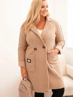 Dámský kabát Plus Size z umělé ovčí vlny s kapsami tmavě béžový