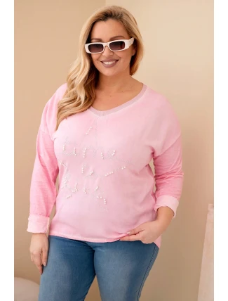 Dámská blůza Plus Size s potiskem a perlami světle růžová