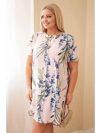 Dámské viskózové šaty Plus Size s krátkým rukávem a výstřihem na knoflíky pudrově růžové