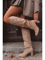 Dámské zateplené kozačky na podpatku s ozdobnými detaily Lucinda – béžové