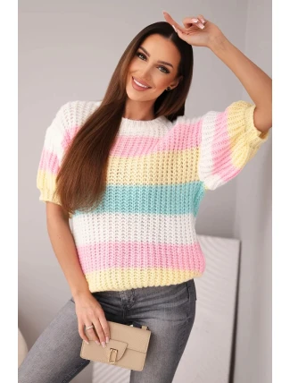 Dámský svetr s krátkým rukávem v barevných pruzích ecru