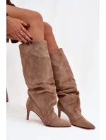 Dámské zateplené kozačky na jehlovém podpatku Mavella – béžové, eko semiš