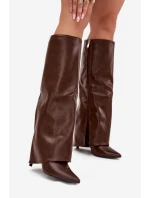 Zateplené Kozačky Na Jehlovém Podpatku S Otočeným Svrškem Čokoládové Tamonia