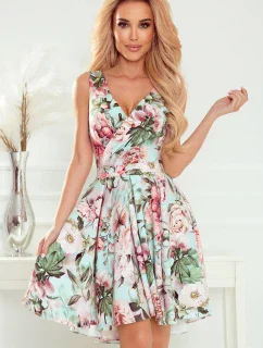 478-1 MAYA Šaty s delšími zády, výstřihem a páskem - RŮŽOVÉ KVĚTY