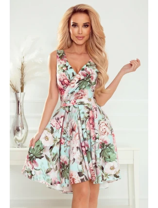 478-1 MAYA Šaty s delšími zády, výstřihem a páskem - RŮŽOVÉ KVĚTY 478-1 MAYA Šaty s delšími zády, výstřihem a páskem - RŮŽOVÉ KVĚTY