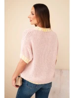 Dámský svetr s krátkým rukávem a kontrastním lemem tmavě pudrově růžový