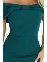 644-1 Smyslné španělské šaty midi s mašlí ve výstřihu - lahvově zelené 644-1 Smyslné španělské šaty midi s mašlí ve výstřihu - lahvově zelené