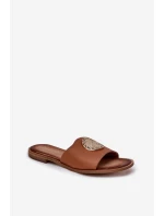 Zazoo 2938 Kožené Pantofle Na Plochém Podpatku S Dekorací Camel