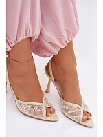Dámské sandály na podpatku s krajkou a ozdobami Béžové Melivelle