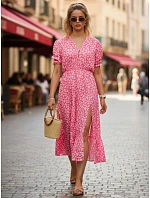 Dámské midi šaty s květinovým vzorem v růžové barvě FashionStreet EY2658 Dámské midi šaty s květinovým vzorem v růžové barvě FashionStreet EY2658