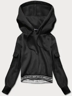 Krátká černá dámská tepláková mikina se stahovacími lemy (26030)