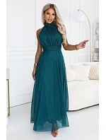 636-4 VERONICA – luxusní dlouhé šaty s brokátovým detailem a elegantním střihem – zelené