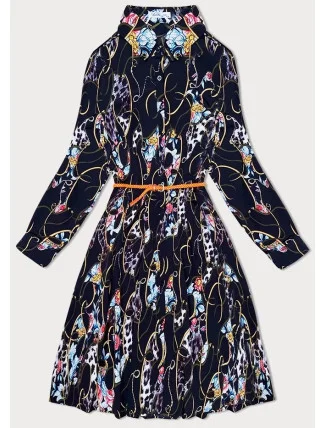 Tmavě modré dámské květované plisované šaty s límečkem (Z-56)
