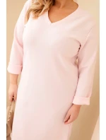 Šaty dámské Plus Size máslové s výstřihem do V a rukávem pudrově růžová